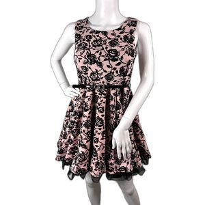 Beautees Pink and Black Velvet Rose Print Fit and Flare Dress size Girls 14